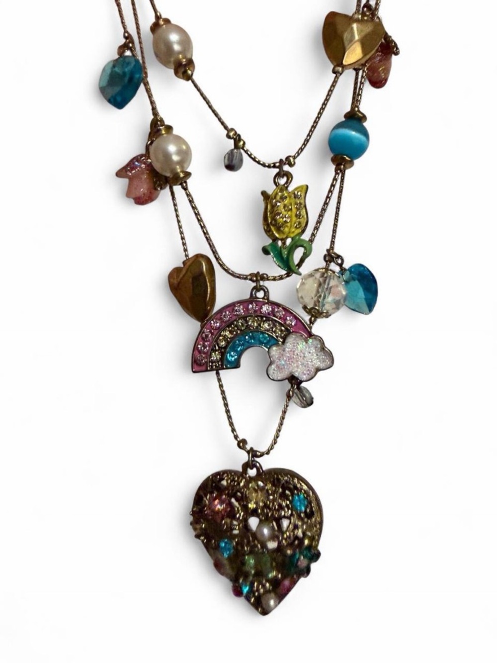 Betsey Johnson Heart & Rainbow Charm Layered Gold Necklace - Picture 2 of 3